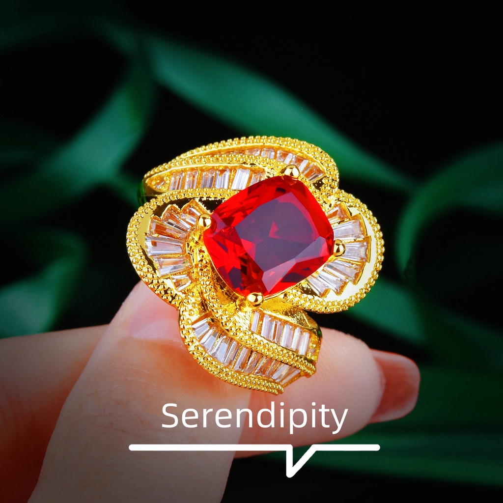 Cincin Emas Emas Asli Kadar 375Hias Berlian Ruby Bentuk Persegi Gaya Italia Retro