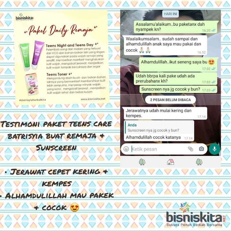 ( BISA COD ) TEENS CARE BATRISYIA/ SKINCARE ANAK REMAJA AMAN/ CREAM JERAWAT REMAJA / MENCERAHKAN / CREAM HERBAL ANAK REMAJA AMAN BPOM