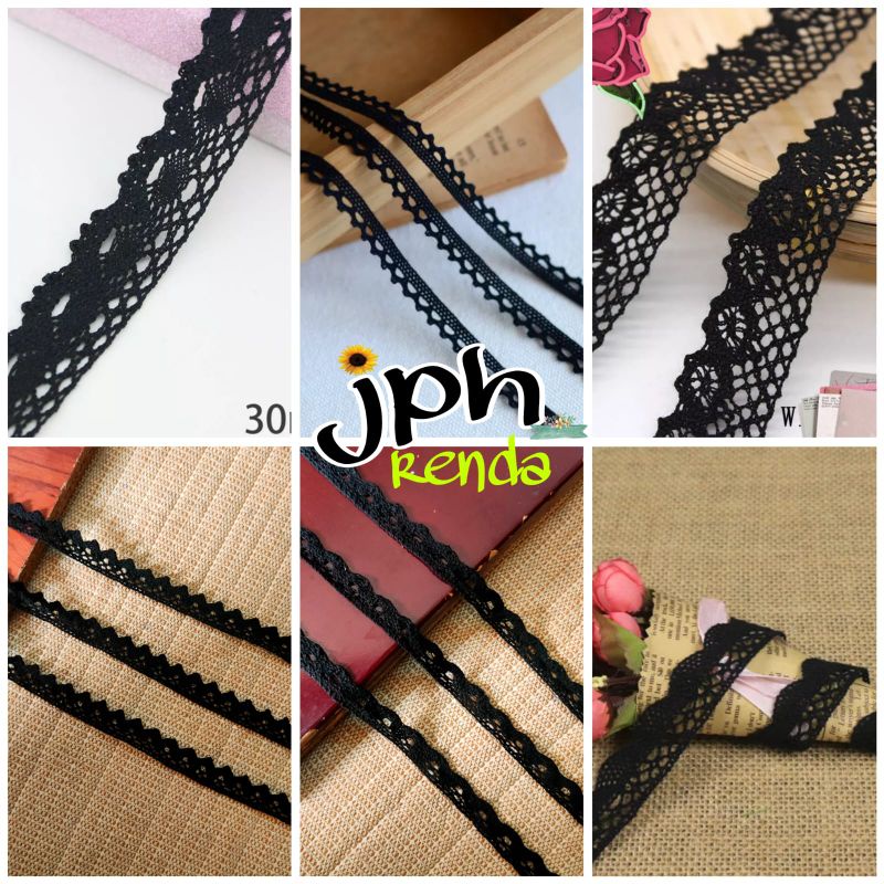 (isi 10yard) renda rajut hitam, renda kait hitam