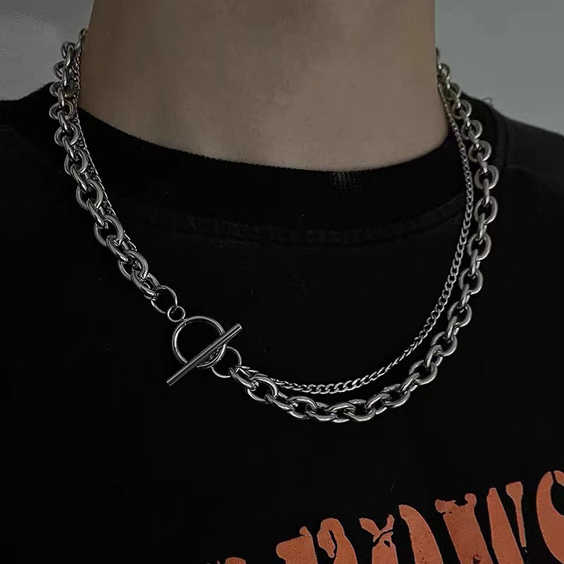 Kalung Rantai Klavikula Lapisan Ganda Bahan Titanium Steel Gaya Hip Hop Untuk Aksesoris