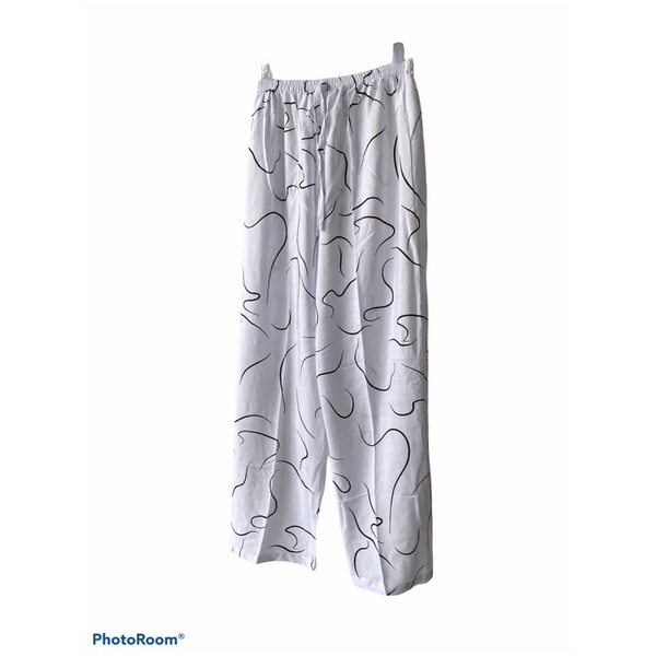 CELANA KULOT PANJANG WANITA TALI POLOS & MOTIF A031-Putih garis