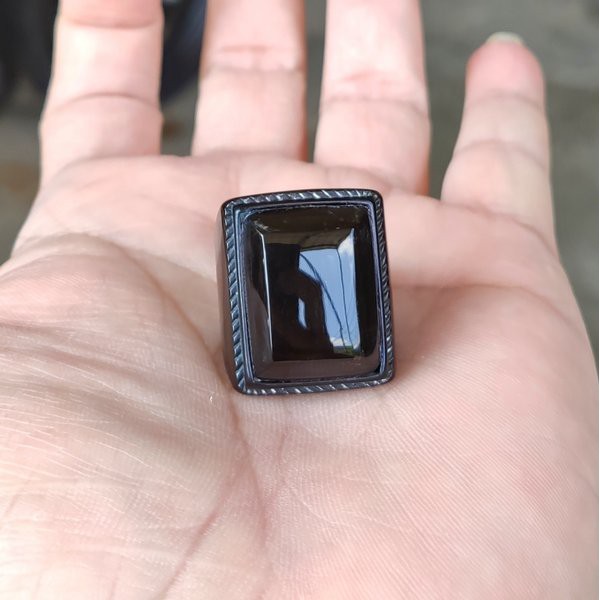 CINCIN BATU AKIK NATURAL YAMAN WULUNG HITAM PEKAT - KECUBUNG API OCTAGON TITANIUM HITAM