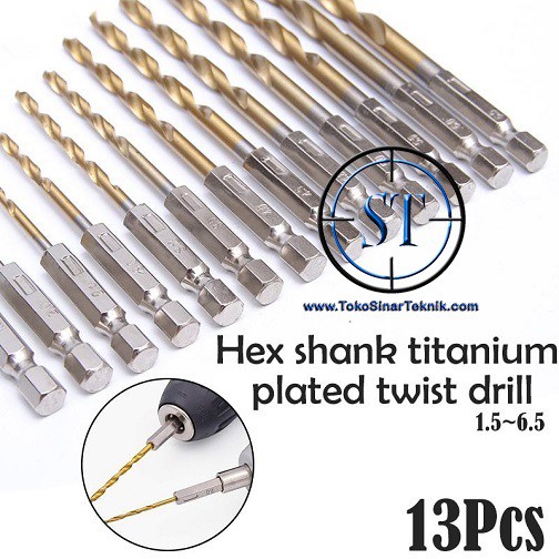 13 Pcs Mata Bor Drill Bit Set Quick Change Hex HSS Titanium Coated Plated 1.5-6.5mm 1/4&quot; Ulir Shank Hexagonal Handle Set 13 Buah