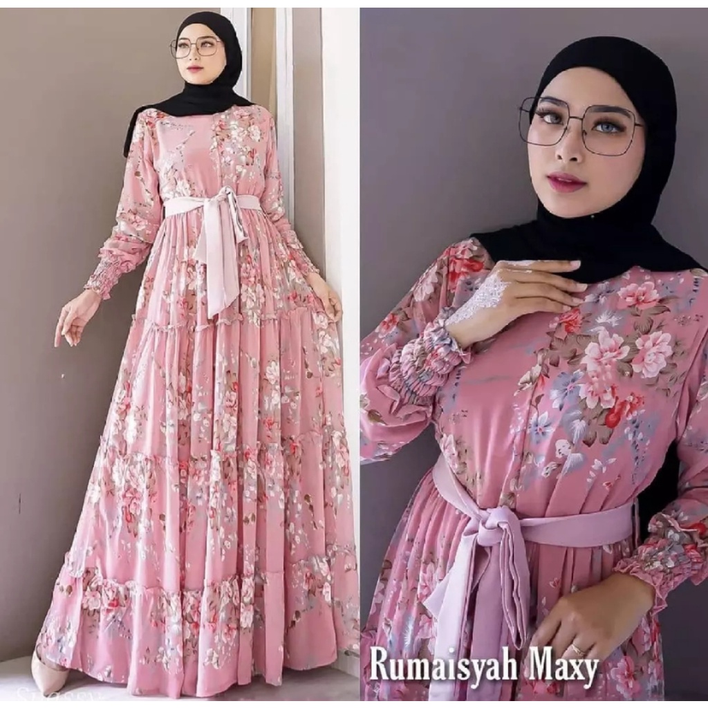 saby maxi ceruty bebydoll /gamis syarii ceruty rempel bunga /gamis ceruty susun