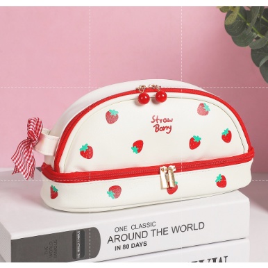 

1pc Double-Layer Portable Pencil Case Kawaii Strawberry Large Capacity Cherry PU Pencil Bag Student