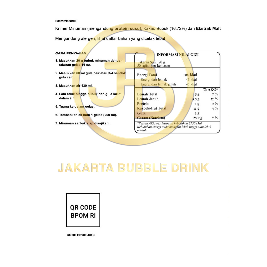 Bubuk Minuman Premium CREAMY CHOCOLATE -Jakarta Bubble Drink | BPOM&amp;HALAL