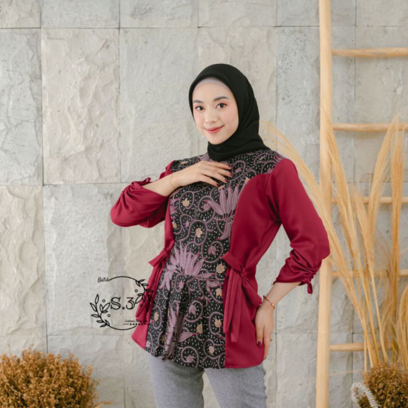 tey-17 Batik wanita ASJ SA HRB026 Kenongo Kemeja Tosca Pendek-B. Alam S3