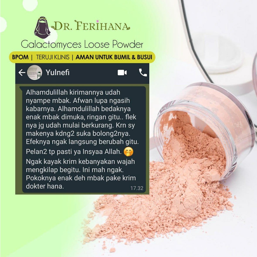 Premium Whitening Loose Powder Translucent dr. Ferihana Cosmetics &amp; Skincare Bedak Tabur dengan Teksture Lembut tidak Menutup Pori Pori cocok untuk kulit Normal Kering Berminyak Berjerawat Sensitif