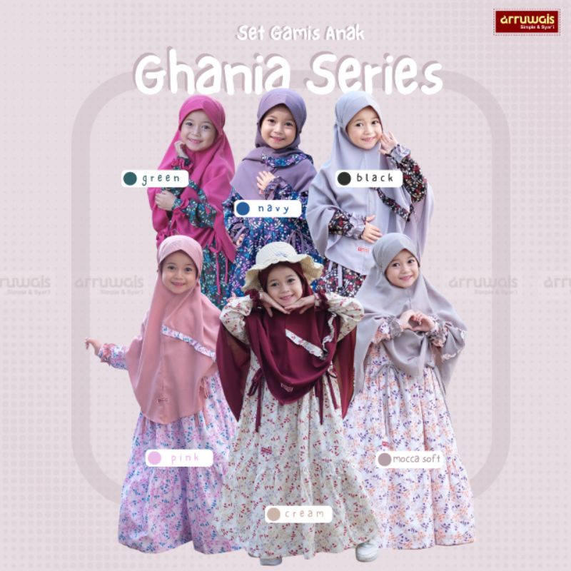 ARRUWAIS GAMIS GHANIA SET HIJAB SYARI FREE CADAR TALI DAN MASKER USIA 4-8 TAHUN