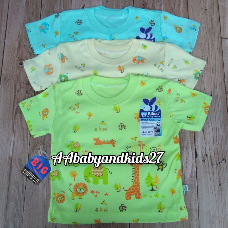 RIFANI 3PC Kaos Oblong Bayi Lengan Pendek Full Print Dasar Warna Ukuran S-XL Lembut dan SNI