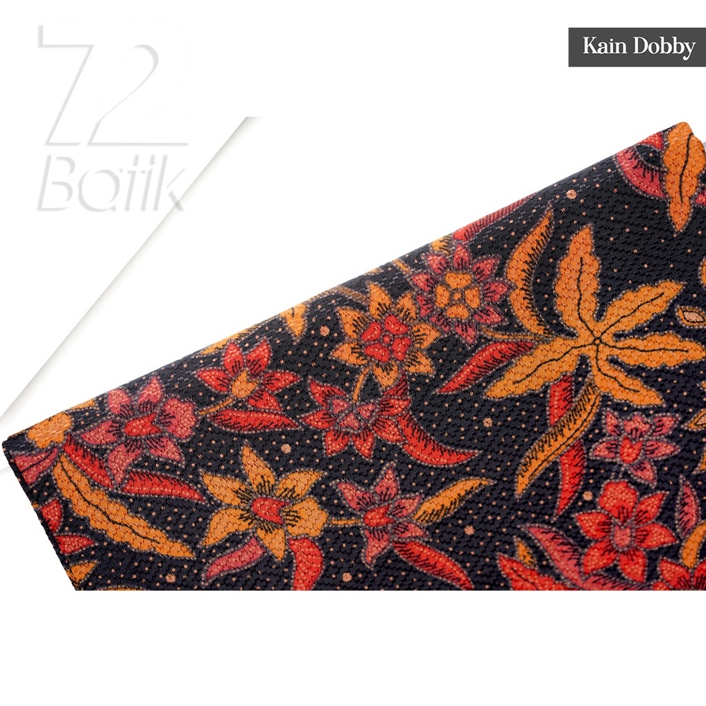 KAIN BATIK PREMIUM Bahan Dobby Motif Kembang Alas Warna Hitam Orange Merah 723069 Cap 72 Jarik Jarit Samping Kebat Panjang Batik Dobby Modern Premium Bahan Seragam Batik Pernikahan Kantor Keluarga Murah Kamen Jadi Batik Bali Lembaran