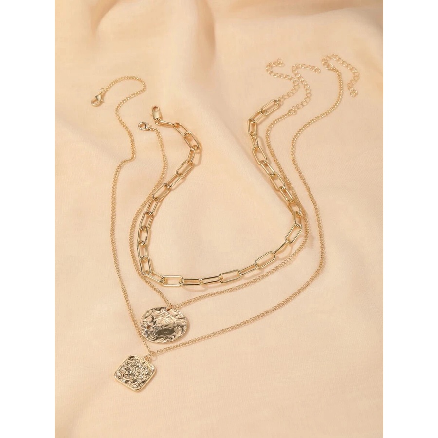 Kalung Choker Multilayer 3 Layer Rantai Liontin Batu Bahan Alloy Vintage Wanita Dalika