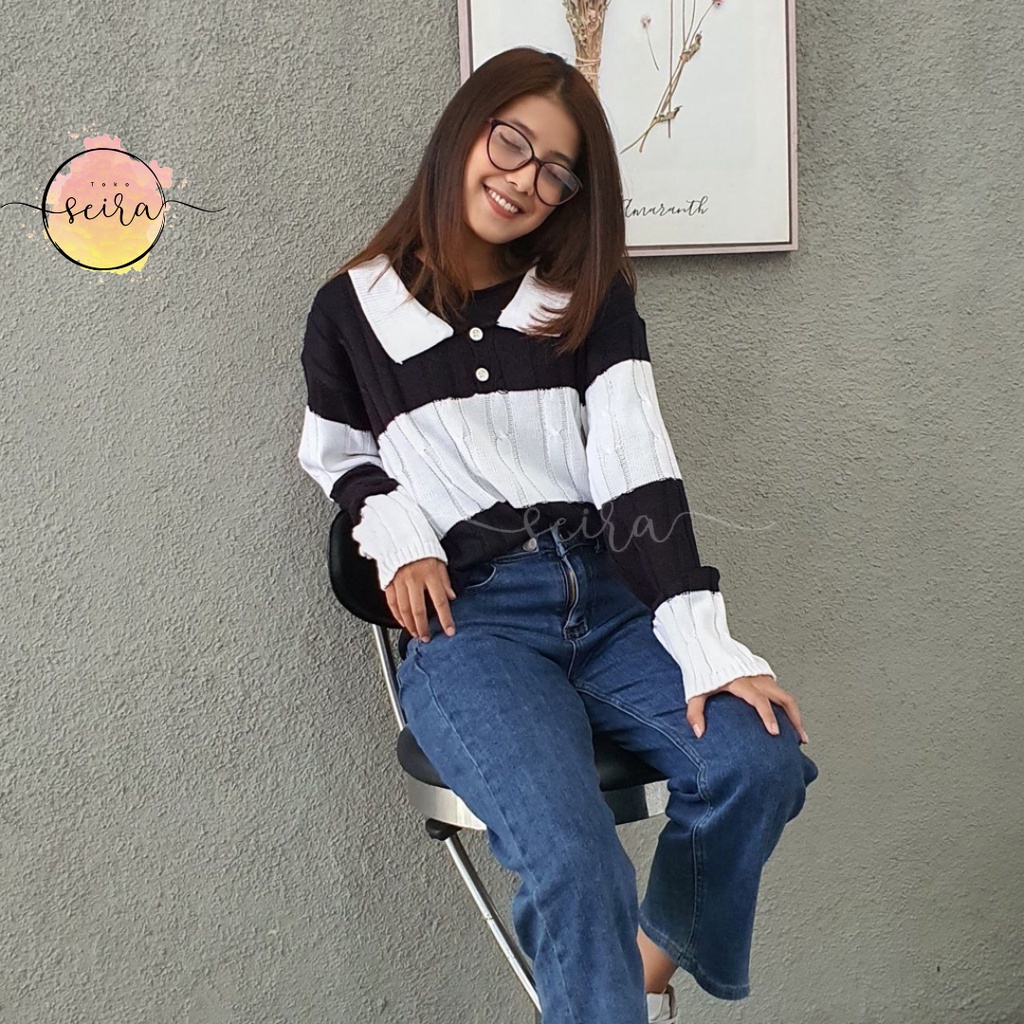 [BISA COD] Ariana Cable Crop Top / Arinka Cable Blouse / Colla Cable 2 Tone / Sweater Rajut Polo Blouse Korean Style