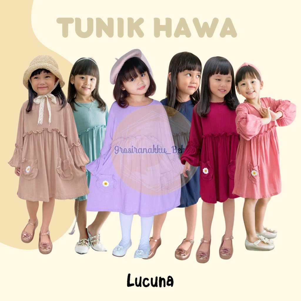 Tunik Anak Hawa Rayon Crinkle Lucuna Mix Warna 2-10tahun