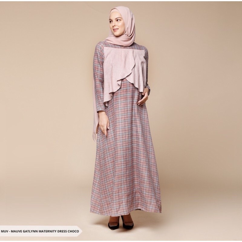 Sorabel - Baju Hamil Dress Mauve Gatlynn Tartan Layer Maternity Muslim Dress - choco M