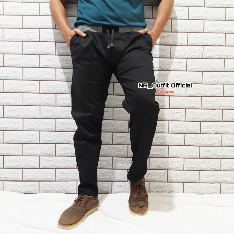 Celana Chino Pinggang Karet Rip Panjang Pria Kolor Panjang Polos Bahan Cotton Combed Diamond