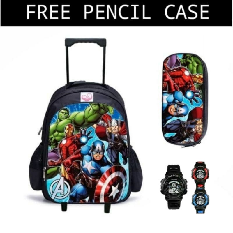 Troly Ransel Roda Avengers bonus Jam g-sock digital Tas Ransel Troly anak sekolah