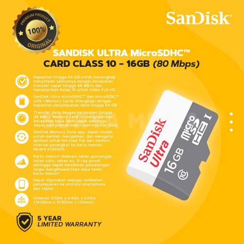 MICRO SD SANDISK 16GB CLASS10 80MB/S