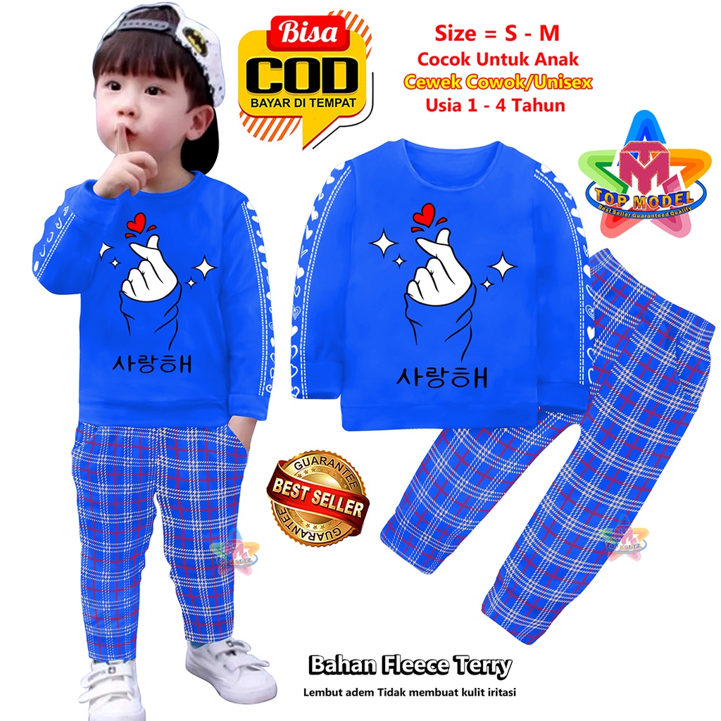 Setelan Baju Anak Saranghaeyo UNISEX 1-4 Tahun Cewek Cowok,TM0008B terbaru dan termurah Bahan Fleece Terry