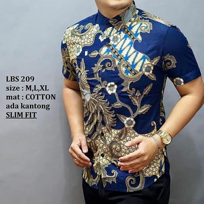 HEM KEMEJA BATIK PRIA SLIM FIT LENGAN PENDEK BEST SELLER NAVY LBS209