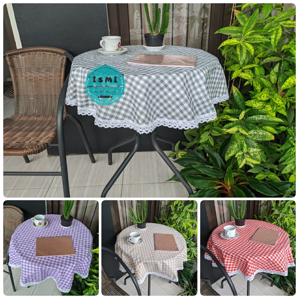 Taplak MEJA BULAT RENDA Rajut Estetik Kekinian Motif Kain Kotak-Kotak Gingham Ala Korea by Ismi Home