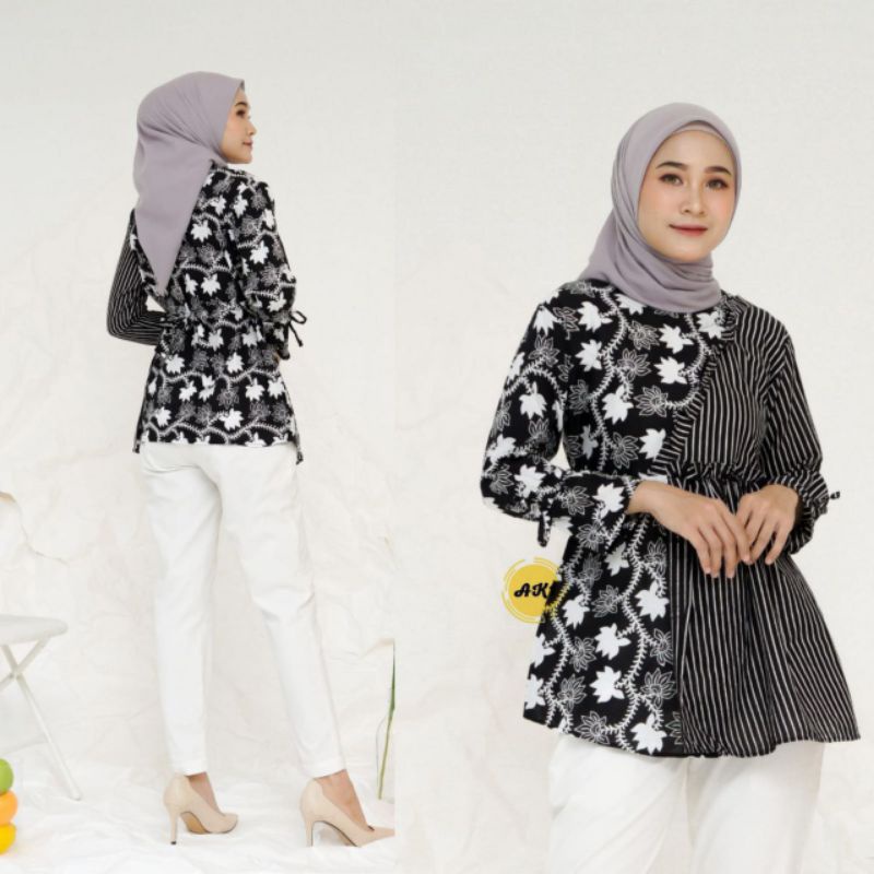 tey-17 Batik wanita ASJ SA HRB026 Kenongo Kemeja Tosca Pendek-Rempel melati hitam
