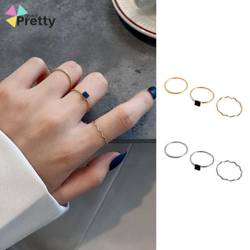 Cincin Zirkon Hitam Cincin Tiga Bagian Wanita High-end Sederhana Desain Niche Persegi Kecil - PD