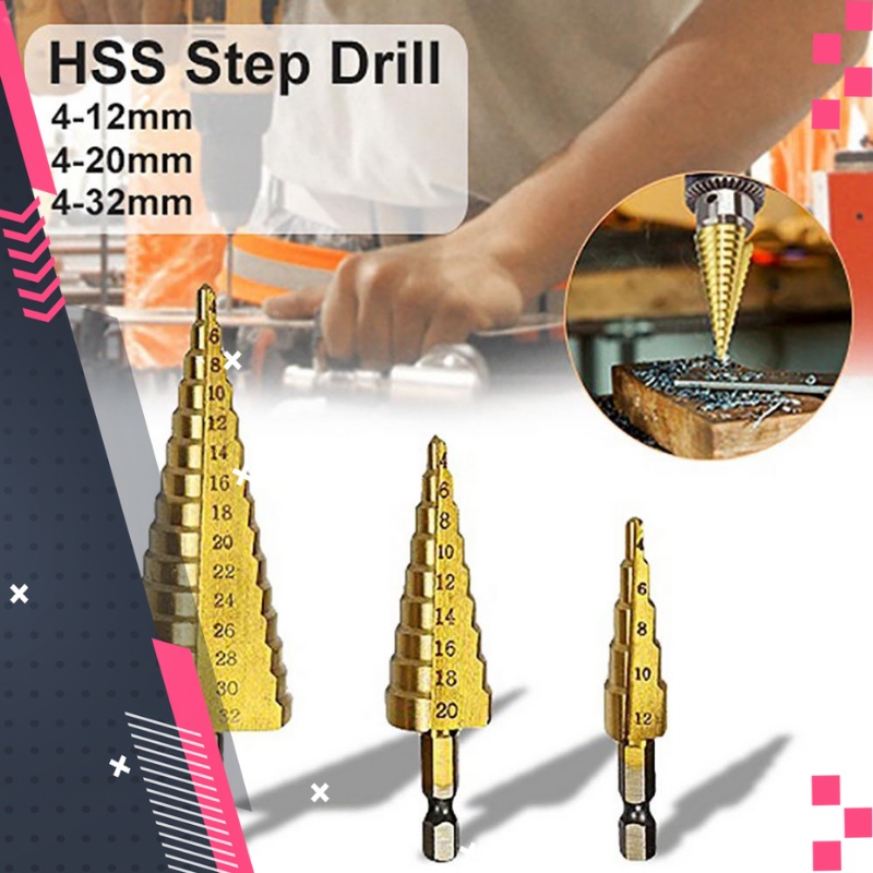 Mata Bor Pelubang Besi Pagoda Spiral Kuningan Kayu Step Drill Tingkat Payung Cone HSS 3 Pcs Original