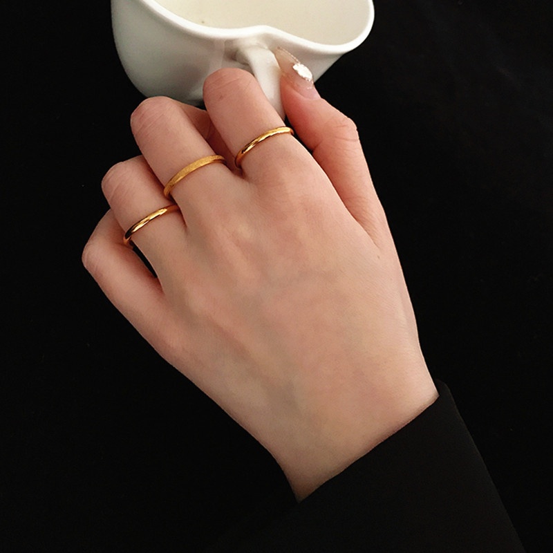 Set dari 3 Cincin Titanium Wanita Anti Karat Asli simple Premium Emas 18K Korea Aksesoris Wanita