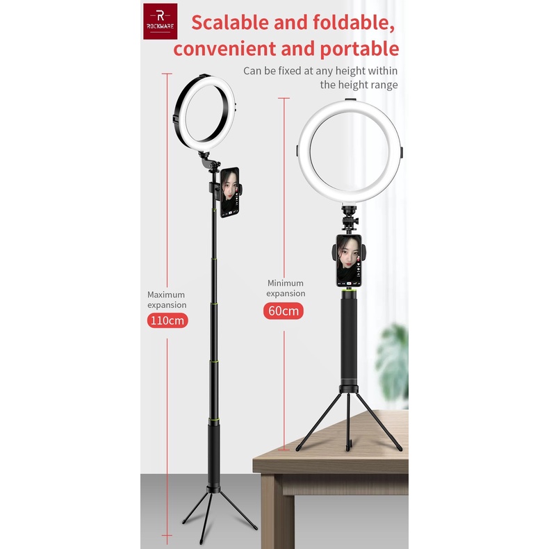 ROCKWARE B-10 - 8 inch Beauty Ring Fill Selfie Light with Tripod