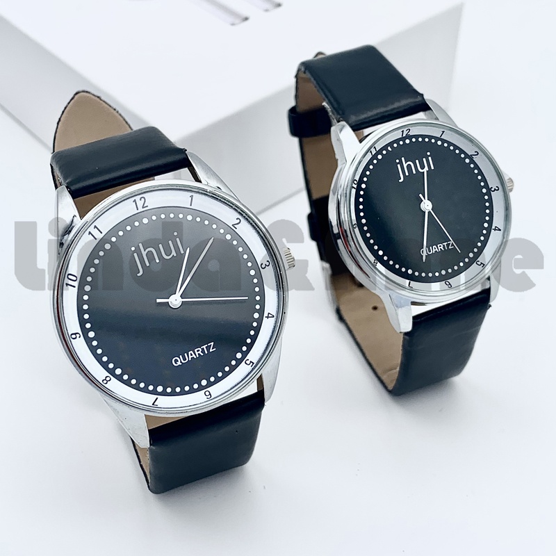 Jam Tangan Jhui Analog Quartz Pria Dan Wanita Strap Pu Hitam Casual Import