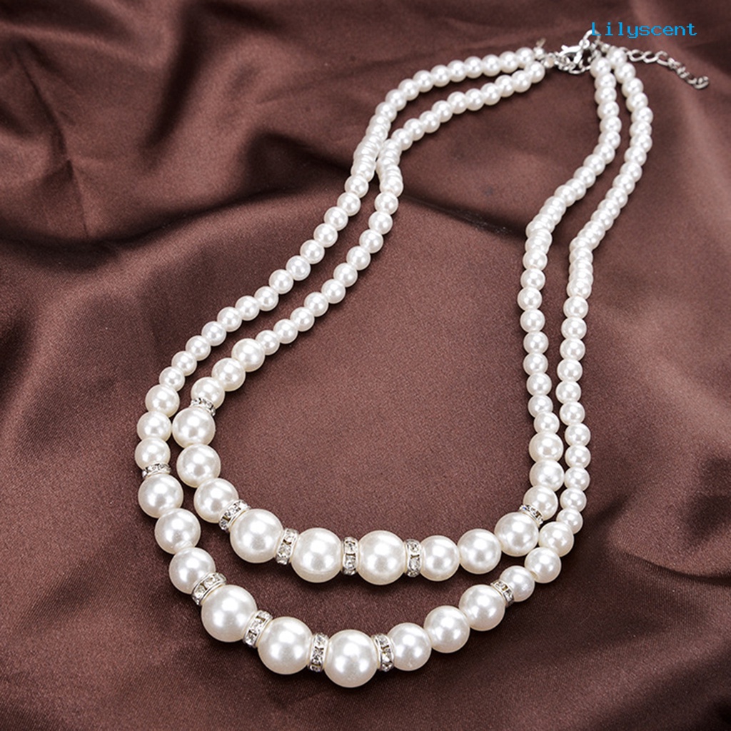 Kalung Double Layer Adjustable Aksen Mutiara Imitasi Untuk Pesta