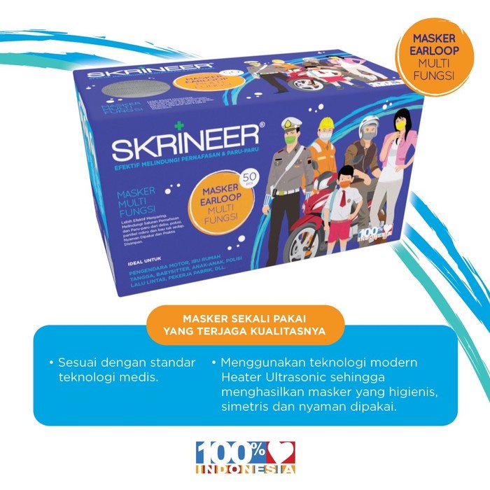 Masker Skrineer Earloop 1 Box / 50 Pcs Grey Blue l Bukan Masker Sensi HIjab l Masker 1 Kotak 1 Ply