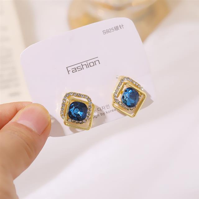 Sterling silver jarum Korea halus Zircon Blue Diamond Internet terkenal elegan anting-anting wanita