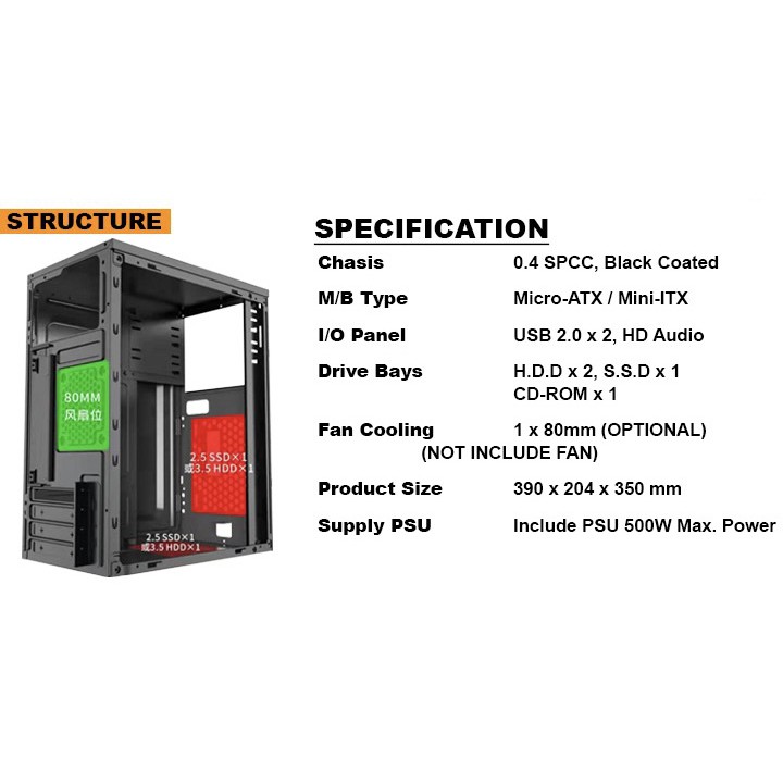 Casing Power Up Micro ATX AEROMAX With PSU 500w