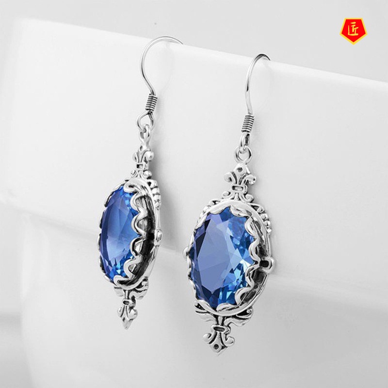 [Ready Stock]S925 Silver Inlaid Topaz Aquamarine Earrings Retro Women's