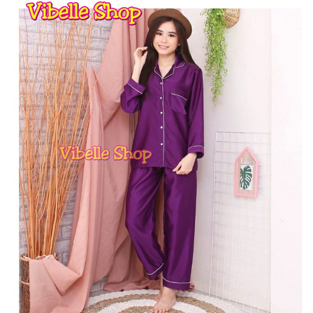 SATINPP - Vibelle Baju Tidur Piyama Satin Silky Velvet Premium Wanita-Ungu Tua