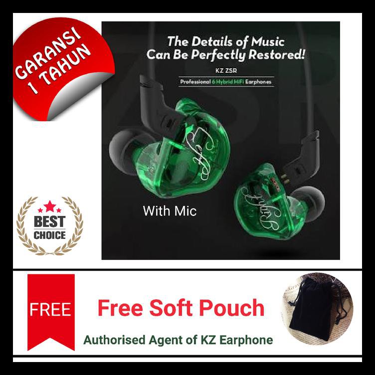 Knowledge Zenith KZ-ZSR Hybrid HiFi Earphones HIJAU