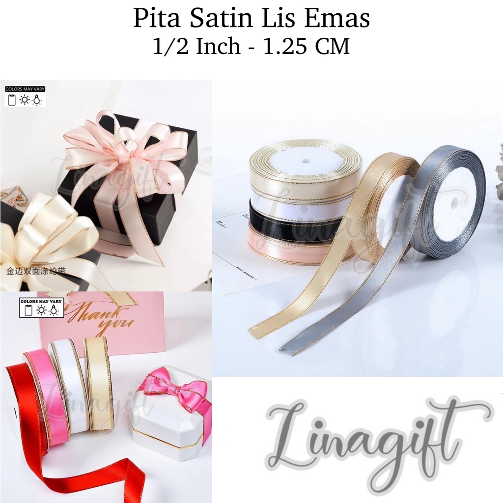 ( Rol 20 Yard ) PITA SATIN LIST EMAS 12MM 1/2INCH / PITA KADO SATEEN SILK RIBBON GOLD 1,2CM