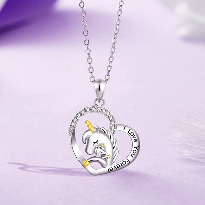 Kalung Rantai Sterling Silver 925 Dengan Liontin Hati Motif Ukir Unicorn Untuk Wanita