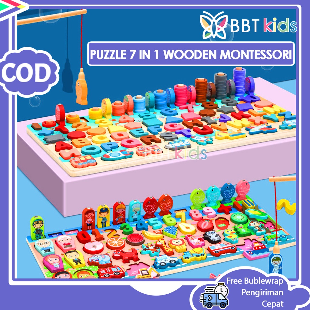 PUZZLE 7 IN 1 MAINAN EDUKASI WOODEN MONTESSORI MATCHING BOARD BERHITUNG MENGENAL ANGKA PROFESI BUAH HURUF