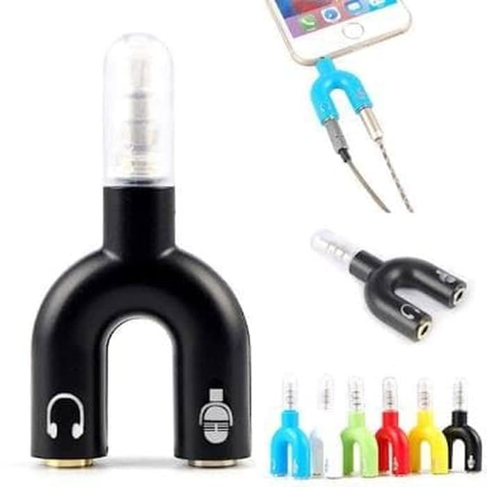 U Shape Splitter Audio + Mic Jack 3.5mm Cabang 2 Headphone Mic Ke Smartphone