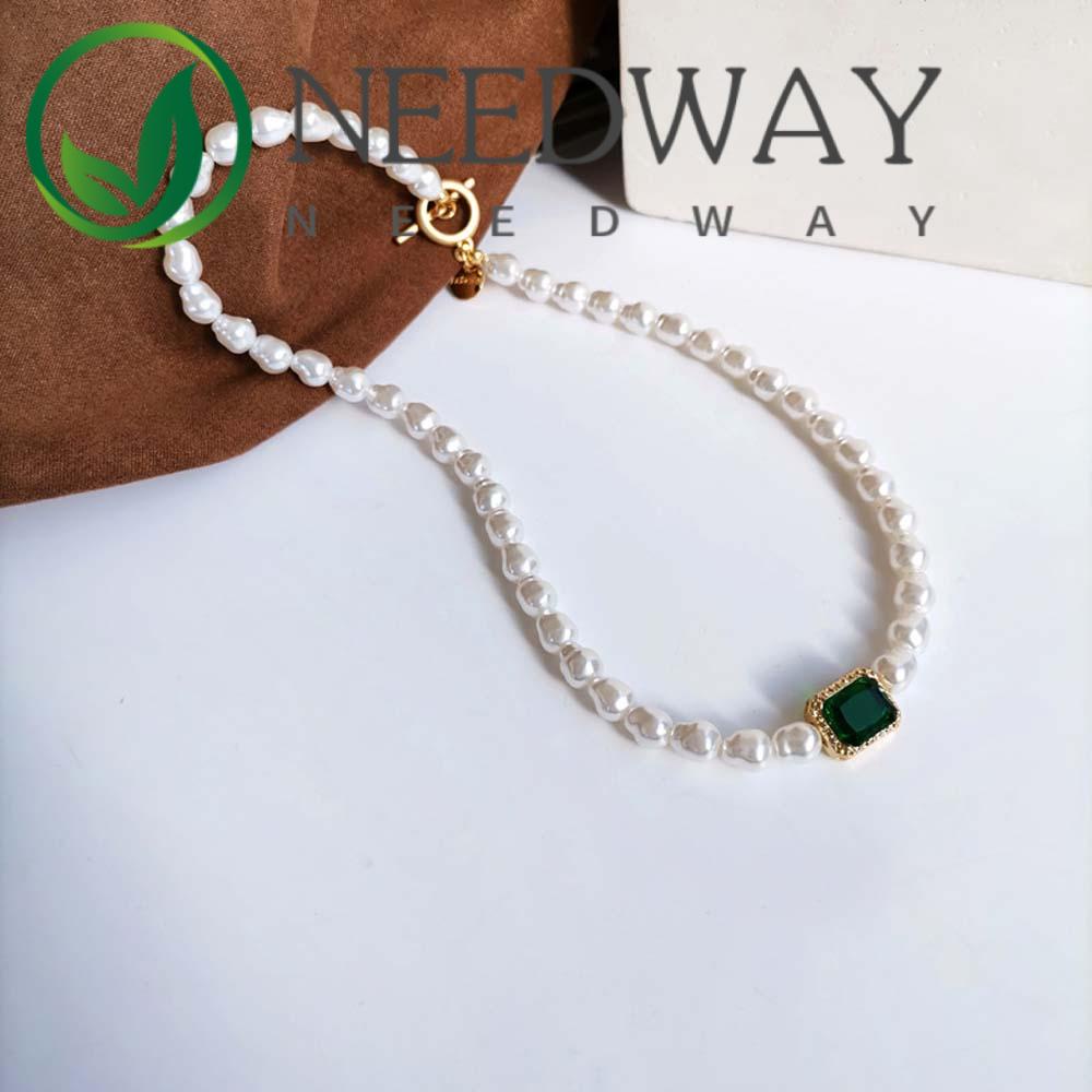 Needway  Fashion Collarbone Chain Elegant Pearl Bracelet Green Glass Necklace Small Fresh Korean Female Sweet Square Retro Choker