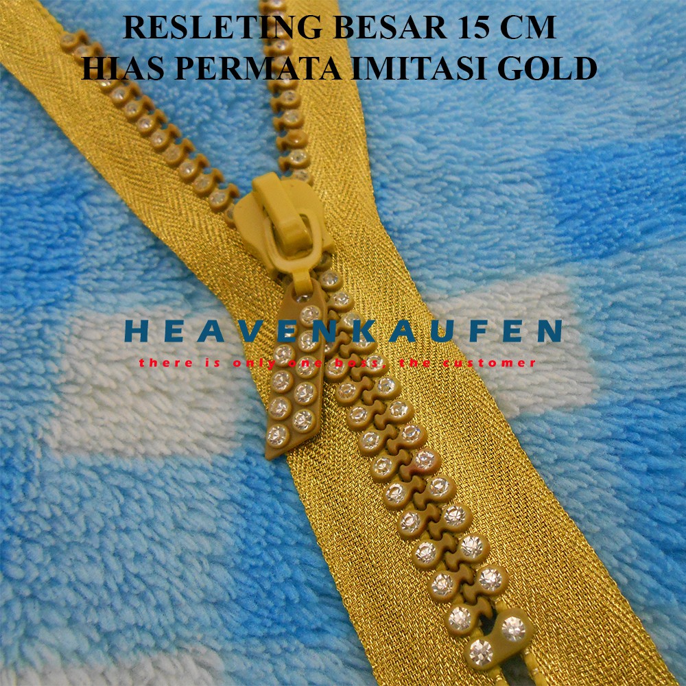 Resleting Zipper 15 cm Hias Gold Emas Variasi Permata Imitasi