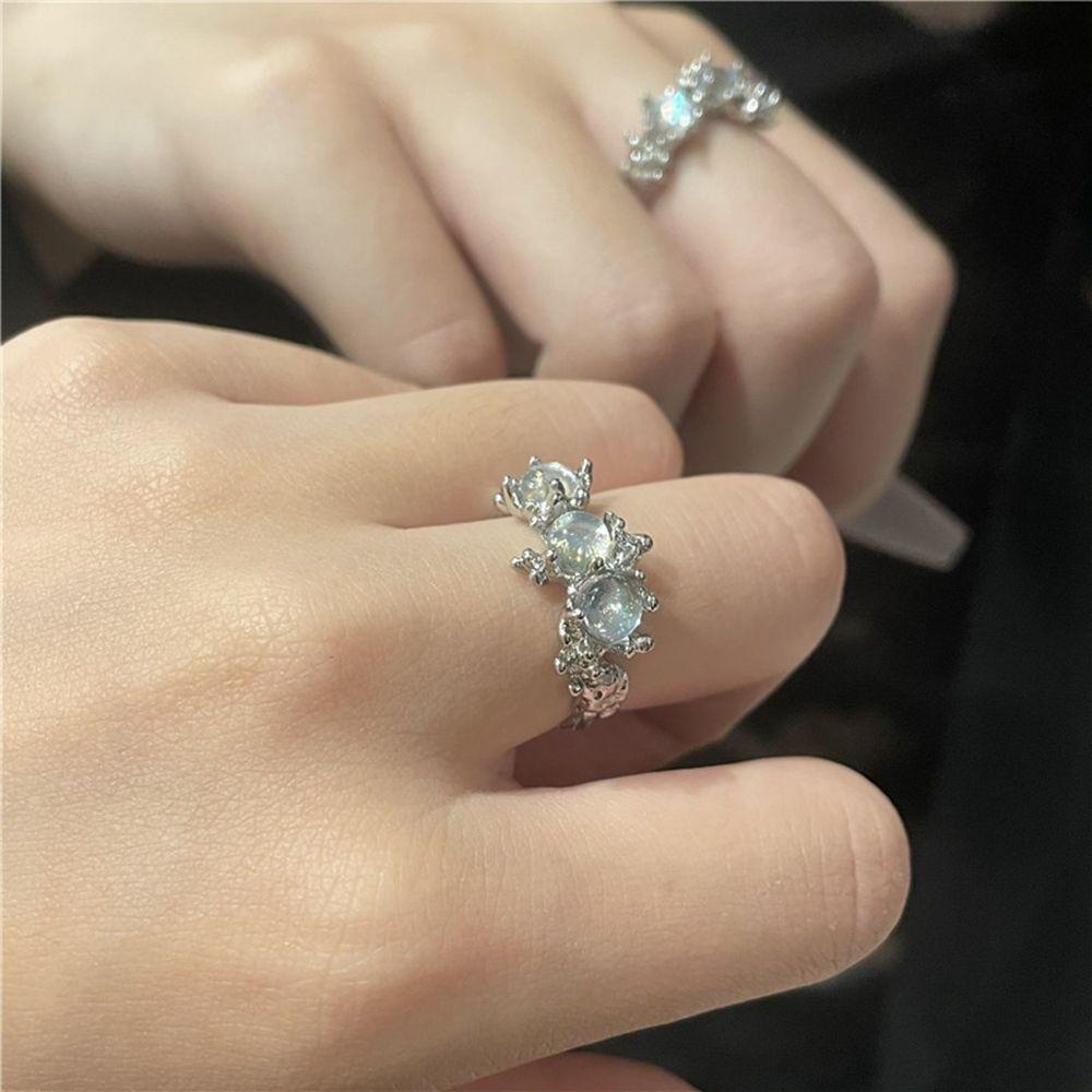 Mxbeauty Wanita Cincin Trendi Ringan Mewah Sederhana Opal Berlian Imitasi Tembaga Zirkon Moonstone Kristal Perempuan Terbuka Ring