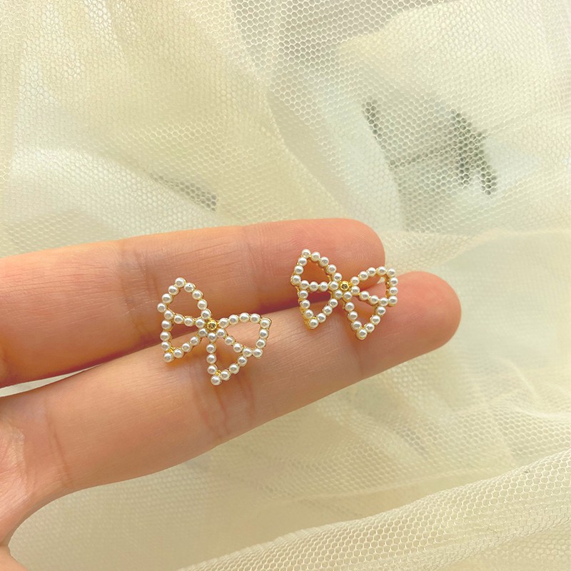 Anting S925 Silver Bentuk Pita Aksen Mutiara Gaya Korea