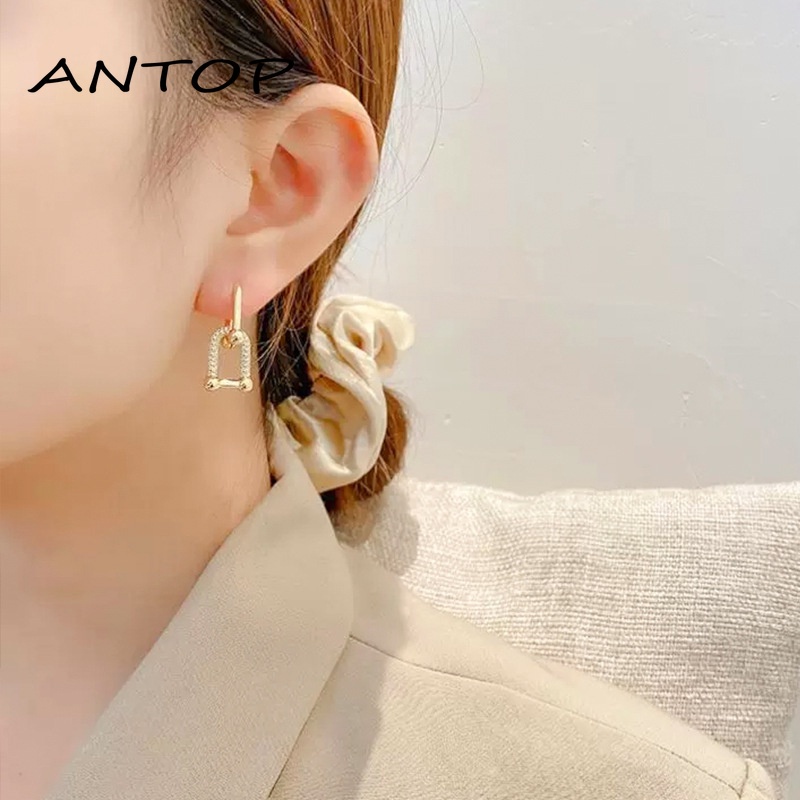 Fashion Bertatahkan Zirkon Berbentuk U Anting-Anting Emas Cincin Ganda Saling Geometris Dilepas Retro Telinga Stud Minoritas Perhiasan Untuk Wanita ANTOP