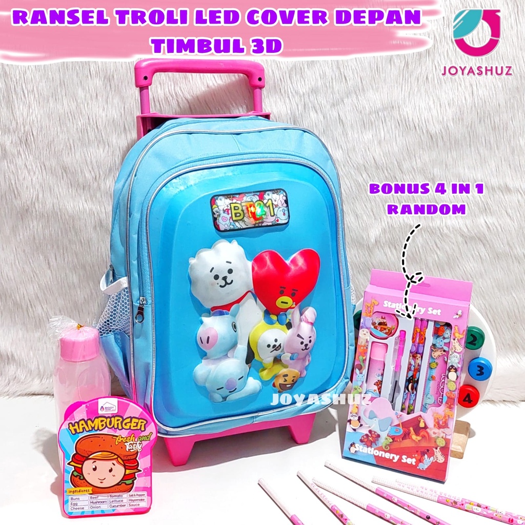 Tas Troli BT 3D LED Anak SD Berbonus - Ransel Troli Timbul LED - Tas Sekolah Anak SD Troli Karakter - Tas Dorong Anak Perempuan SD Gratis Botol Dan Misting - Tas Sekolah Anak Perempuan Karakter Lucu - Joyashuz