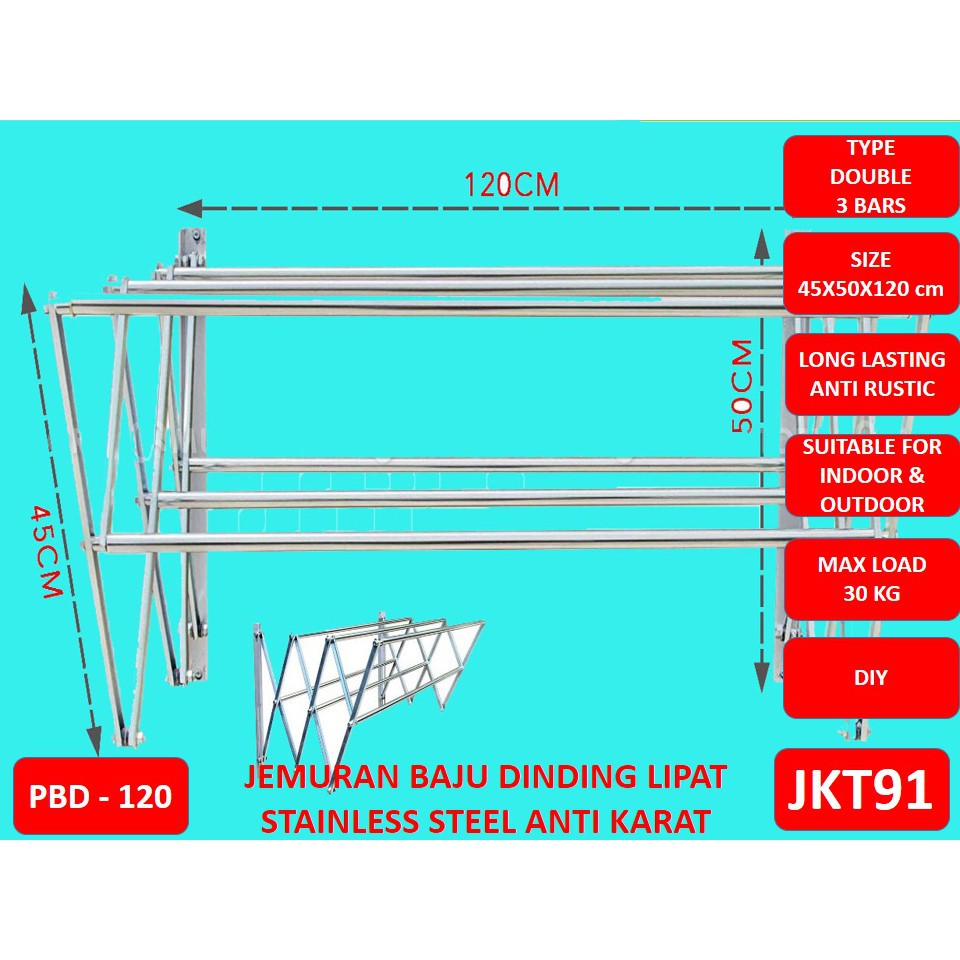 PLBOK DOUBLE JEMURAN BAJU PAKAIAN DINDING LIPAT STAINLESS ...