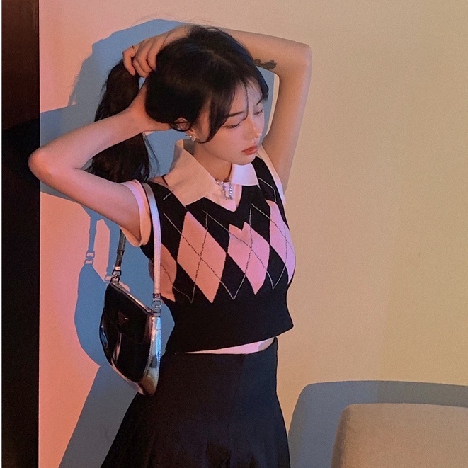 korea style retro kotak V-neck tanpa lengan kasual crop top knit rompi rajut wanita korea/tanktop/tank top wanita